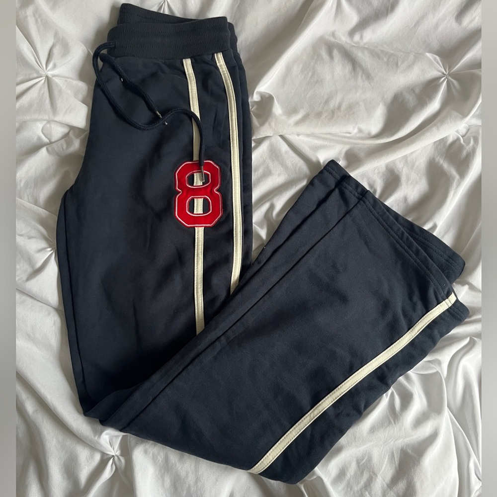 Y2K Navy Blue Racer Flared Track Pants with Red Number Patch. 🏎️🤍